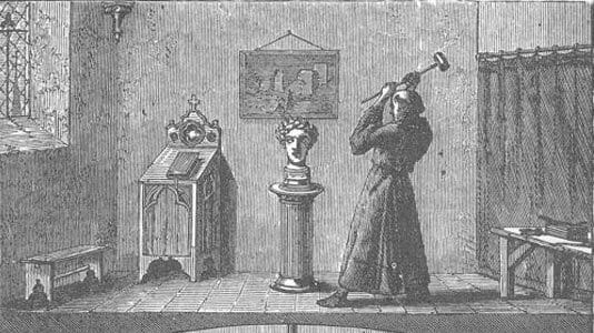 Thomas Aquinas about to smash the brazen head of Albertus Magnus