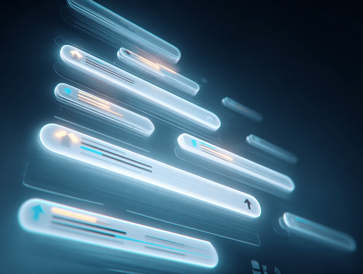 A sleek, modern digital workspace showing a futuristic AI-powered search engine interface, glowing search bar labeled 'AI Overview' blurred in background, keyword clusters floating beside rising arrow graphs, search result layout with clean white and light blue gradients, cinematic lighting, high detail, 16:9 wide aspect ratio, minimalist tech design, no people, no text, no icons, no brain