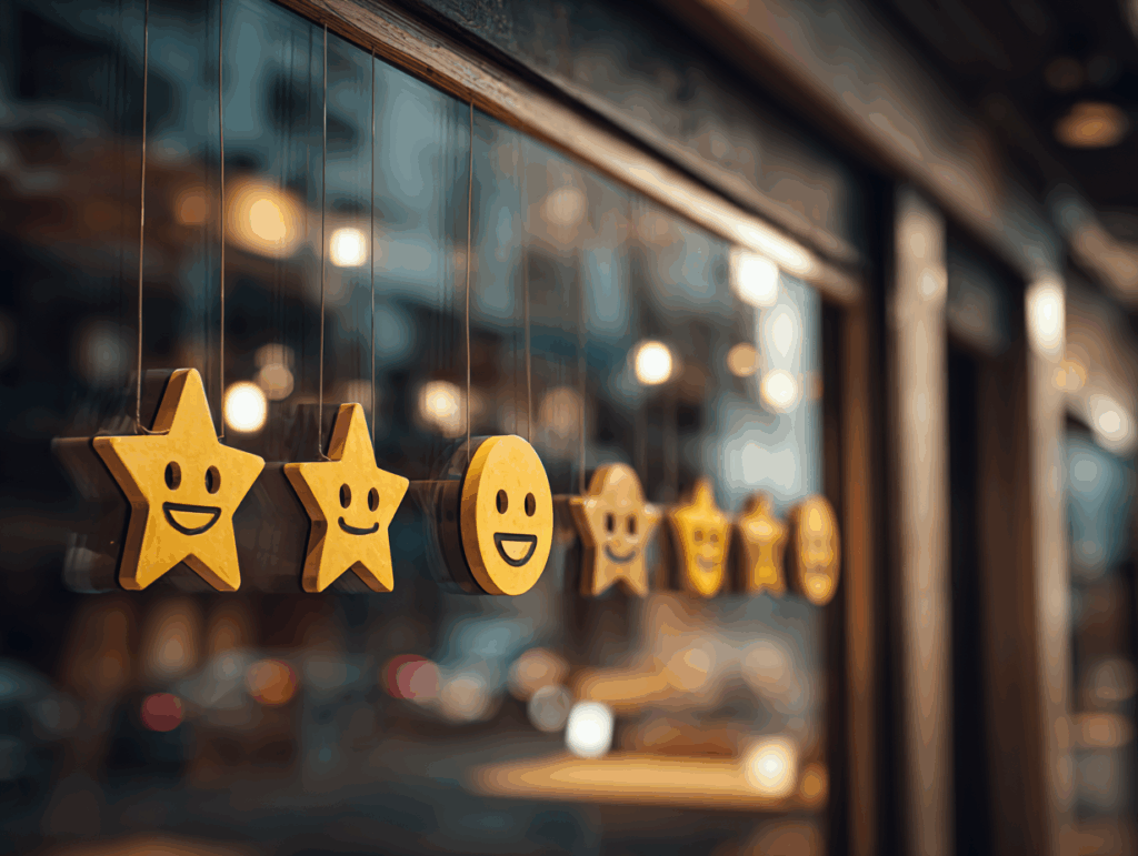 small business storefront with floating review | Rank Secure small business storefront with floating review