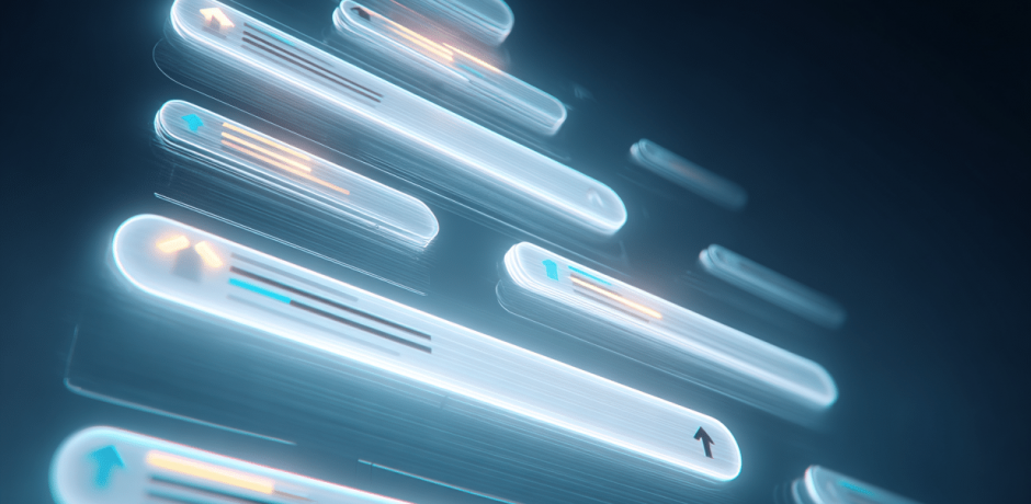 A sleek, modern digital workspace showing a futuristic AI-powered search engine interface, glowing search bar labeled 'AI Overview' blurred in background, keyword clusters floating beside rising arrow graphs, search result layout with clean white and light blue gradients, cinematic lighting, high detail, 16:9 wide aspect ratio, minimalist tech design, no people, no text, no icons, no brain